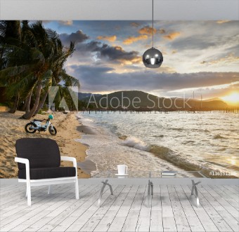 Picture of Vintage motorbike on koh samui beach in thailand at sunset